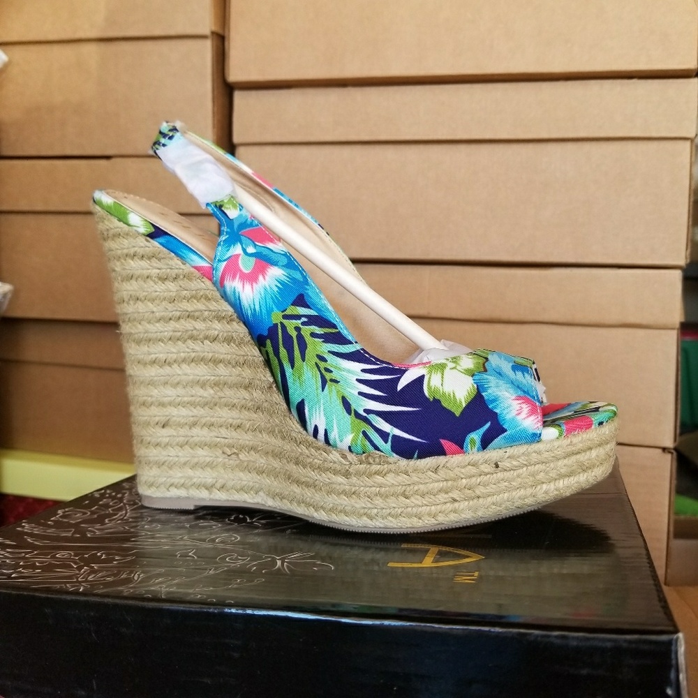 Derby-16 Blue Floral Platform Wedge Sandals